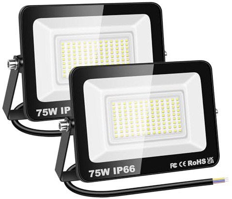 RIGIDON 2 st Outdoor Flood LED-arbetsljus, 75W 7500 Lumens strålkastare, dagsljus kallvit säkerhetsljus för trädgårdsgård gräsmatta Basket fotbollsplan uteplats Landskap, IP66 Vattentät 6000K