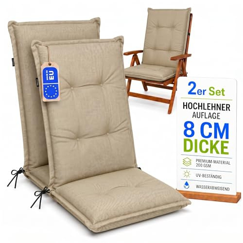 Pillows24 Hochlehner Auflagen 2er Set 120x50x8cm, Wasserabweisend & UV-fest | Premium-Material 200gsm, Extra dicke Polsterung 8 cm, Sitzauflagen Hochlehner, Sitzkissen Gartenstuhlauflagen, Cappucinno