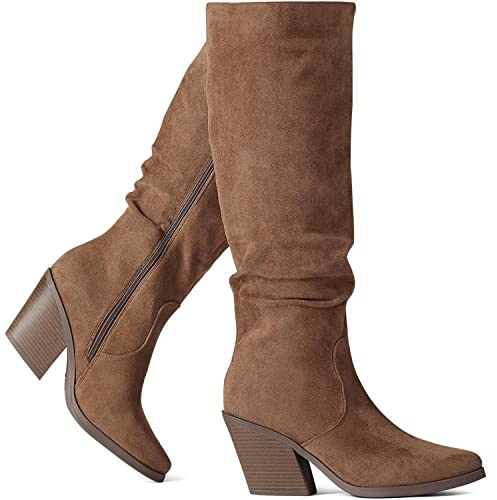 Putu Women's Pointed Toe Knee High Boots Faux Suede Stacked Chunky Heel Boots Side Zipper Slouchy High Boots Brown size 8