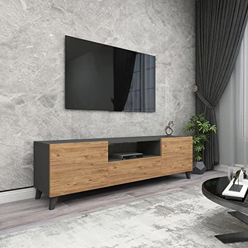 [en.casa] Fernsehtisch Torsby Fernsehschrank mit 3 Türen TV-Lowboard TV Bank 140 x 30 x 46 cm Fernsehregal für Wohnzimmer Anthrazit/Eiche-Optik
