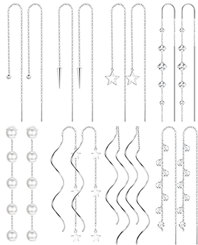 MILACOLATO 8Pares Pendientes Colgantes Threader Para Mujer, Pendientes Borla Cadena Acero Inoxidable Aretes Gota Enhebrador De Onda De Doble Torsión Livianos, Set Pendientes Cadena Larga plata