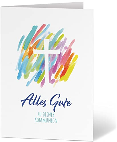 Einladungskarten Manufaktur Hamburg XXL Glückwunschkarte A4 zur Kommunion - große Karte mit Umschlag Kommunionskarte Grußkarte für Jungen und Mädchen Kreuz bunt