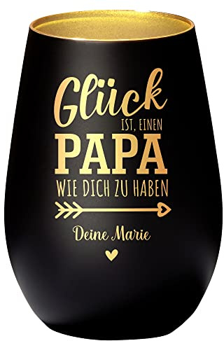 4you Design Windlicht Personalisiert mit Namen Glück ist einen Papa (Metall-Schwarz-Gold), Teelichthalter als Geschenk für den besten Vater, Väter Geburtstagsgeschenk