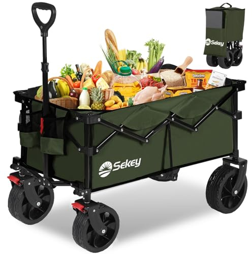 Sekey XXL 4020 Bollerwagen Faltbar 150L 150KG All-Terrain Reifen | Faltbollerwagen Breite Räder mit Bremse Handwagen, Patentiert 4-Wege-Sofortaufbau Transportwagen, Olivgrün