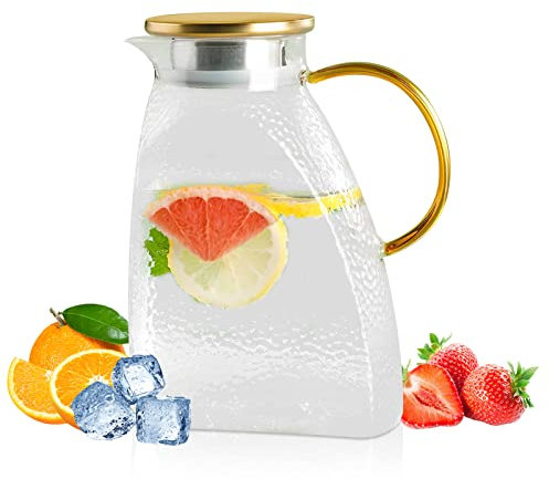 1.8 Liter 63 Unzen Karaffe, Wasserkaraffe, Glaskaraffe, Wasserkrug, Karaffe Glas mit Edelstahl Deckel, Glaskrug, Glaskanne, Auslaufsicherer Kühlschranktür Karaffen für Heiße oder Kalte Getränke