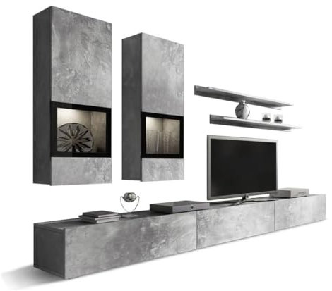 PRICE FACTORY just for you Ensemble Salon Mural Ramos – Gris Effet béton – LED Multicolores intégrées – Meuble TV + vitrines + étagères