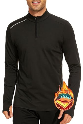 AMZSPORT Camiseta Térmica de Manga Larga para Hombre con Media Cremallera y Cuello Alto, Sudadera Cálida para Correr, Hacer Senderismo, Gym, Casual, Negro, L