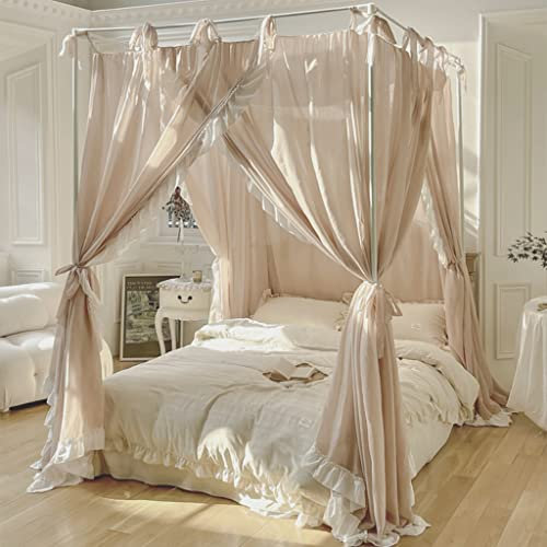 UNICOKA Moderner Leinen-Prinzessin-4-Eckpfosten für Mädchen und Frauen, Betthimmel, Vorhang, Baldachin für Erwachsene, Hochzeit, Schlafzimmer, Kinderzimmer, Bettdekoration (Type2-Line-Light Coffee,