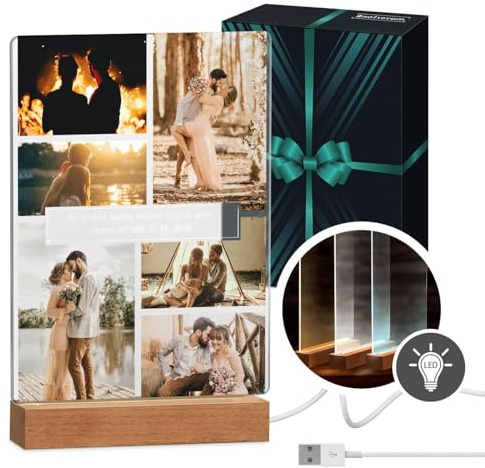 Maverton beleuchteter LED-Fotoaufsteller mit Echtholzsockel - personalisiertes LED-Acrylglas mit eigenem Foto für Paare - Glasbild zur Hochzeit zum Valentinstag - Größe: 21x32x4,5cm - Spruch
