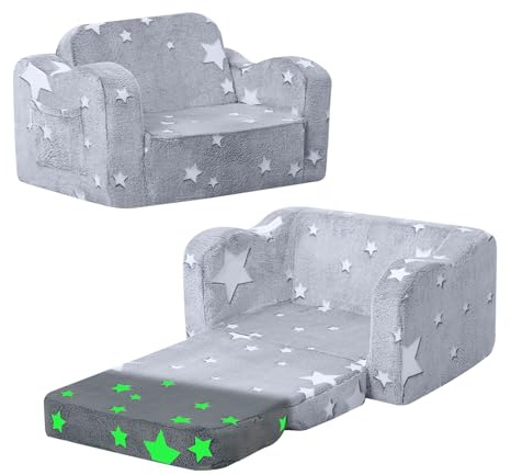 MeMoreCool Kids Couch Sofa, Folding Toddler Chair Bed, Soft Plush Fold Out Kids Armchair Floor Mini Sofa Glow in The Dark, Comfy Baby Recliner for Girls Boys, Grey