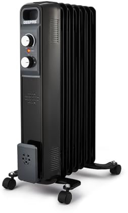 Geepas Oil Filled Radiator Heater 1500W, 7 Fin | Portable Electric Heater 3 Heat Settings | Adjustable Thermostat Safety Cut-off Overheat Protection Energy Efficient Heating | 2 Year Warranty Black