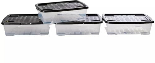 Strata 4 x 30 Litres Curve Plastic Stackable Storage Box & Lid with clip-on lids, Multi storage box for home and office storage solution - Clear/Black Lid