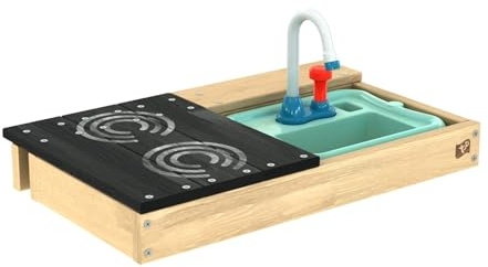 TP Toys Early Fun Sand And Water Table - Includes Water Tray, Black Board, Plastic Hooks And Working Sink. Made From FSC certified Wood, Wooden Playhouse - Suitable For 3+ years.