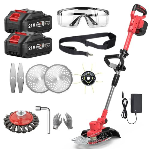 Coupe Bordure sans Fil avec Batterie Débroussailleuse à Batterie Electrique sans Fil, 21V 2 Batteries pour la Coupe 90° Poignée Réglable, pour Jardin Élagage (Red)