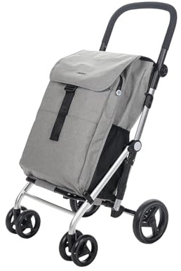 Carlett - Förpackning med shoppingvagn + presentkrok, vikbar vagn för stormarknad, robust, 4 hjul, lätt, justerbart styre med broms, stor kapacitet - klassisk familj, grå färg