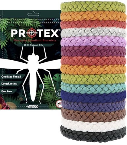PR-0-TEX Bracciale Repellente per Zanzare, Confezione da 15, Braccialetti Regolabili in Pelle Senza Deet, Protezione Potente ed Efficace, Braccialetti Repellenti per Insetti per Adulti e Bambini, Con