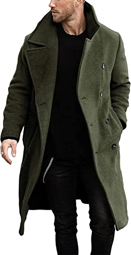 Runcati Men's Coat Regular Fit Trench Coat Long Lapel Double Breasted Wool Business Winter Jacket Peacoat Green XL