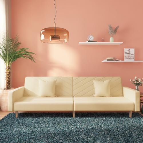 Homgoday Schlafsofa 2-Sitzer Sofa mit Schlaffunktion Bettsofa Klappsofa mit 2 Kissen Bettcouch Sofa Couch mit Verstellbarer Rückenlehne Loungesofa fürs Wohnzimmer Schlafzimmer Creme Stoff