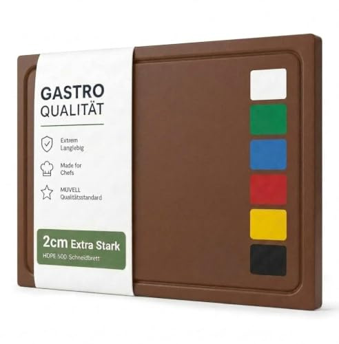 Muvell stabiles Schneidebrett Kunststoff | Braun 35x25x2 cm | Spülmaschinenfest, EXTRA dick, messerschonend Farben & Größen auswählbar HACCP gekochtes Fleisch Küchenbrett | Schneidbrett mit Saftrille