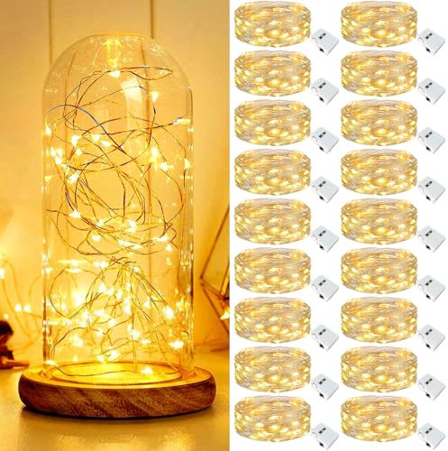 kolpop Lot de 18 Guirlande Led à Pile, 2M 20 LED Petite Guirlande Lumineuse Pile, 3 Modes Guirlande Led Interieur Étanche pour Décoration Bouteille, Noël, Mariage, Fête (Blanc Chaud)