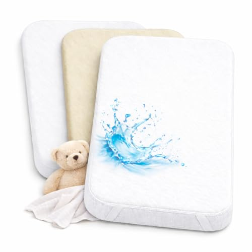 2X Spannbettlaken beistellbett 100% Baumwolle + 1X Matratzenschoner 100% wasserdichtem Material - Set 3X - Kompatibel Kinderkraft, Oeko-TEX (Weiß/Vanille, 55 x 90 cm)