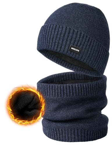 Wmcaps Thermo Wintermütze und Schal Set für Herren, weiches Plüsch-Futter | Weiches Innenfutter. Warmes Kälte-Set (Beanie & Loop). Kuschelig, mit Umschlag. Ideal für Outdoor, Sport, Arbeit & Geschenk.