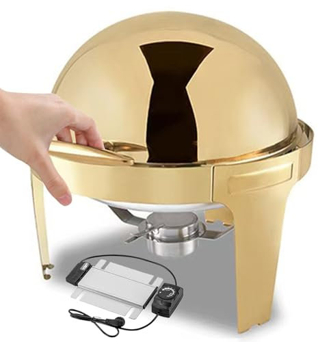 2-in-1 Gold Chafing Dish Buffet Server, 6L Stainless Steel Food Warmer with Heating Plate, Round Chafing Dish/35-85℃ Adjustable Temperature Control, Commercial Chafing Dish Buffet Server