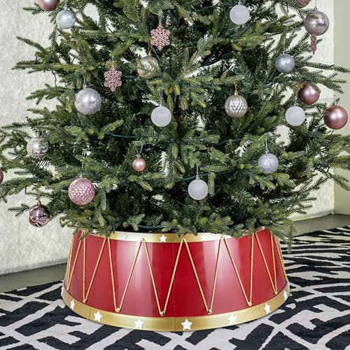 Taylor & Brown Drum Style Christmas Tree Skirt with Gold Cord White Stars 65cm, Tree Base Cover Collar Basket Decoration - Fits Tree Stands or Bases up to 54cm (Red and Gold)