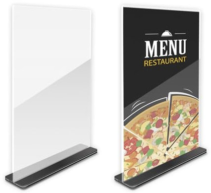 Porta Menù Acrilico A4, Set di 2 Espositori da Tavolo Trasparenti, Supporti in Acrilico per Ristoranti, Uffici, Eventi, Ideali per Menù, Foto e Pubblicità, Dimensioni (21 x 29,7 cm base nera)