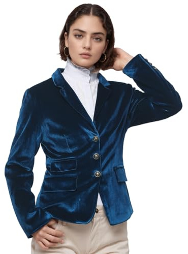COSDREAMER Veste vintage en velours pour femme, col en V, coupe ajustée, blazer fendu, manches longues, manteau habillé rétro, décontracté, bleu