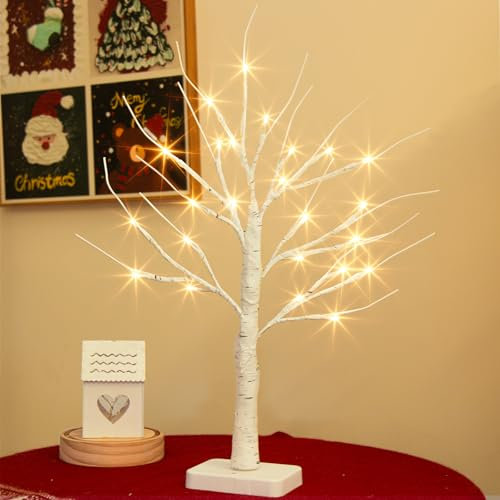 DELICHTER - Albero luminoso con 24 LED bianco caldo, albero di betulla con funzione timer, decorazione a batteria, decorazione natalizia per casa, feste, Natale, Pasqua, matrimonio, 55 cm