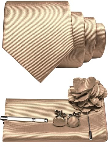 JEMYGINS Cravatta da uomo in twill con design in tinta unita con gemelli Pocket Square, fermacravatta e spilla floreale, set regalo per feste, business, matrimoni, oro champagne., M