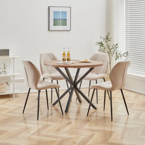 DEYARNA HOME Essgruppe Set Tisch und Stühle, 100cm Runder Esstisch und 4 Leinen-Esszimmerstühle, 4 Stühle & Tisch für Küche, Esszimmer und Wohnzimmer (Khaki-LX, 100 * 100 * 76.5cm (Dunkle Holzfarbe))