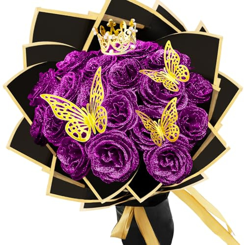 LARDUX Glitzer-Rosenstrauß, Valentinstag, künstliche Rosensträuße, DIY künstliche Glitzer-Blumensträuße mit Krone für Geschenke, Hochzeit, Jahrestag, Verlobung, Geburtstag, Muttertag, Violett, 24