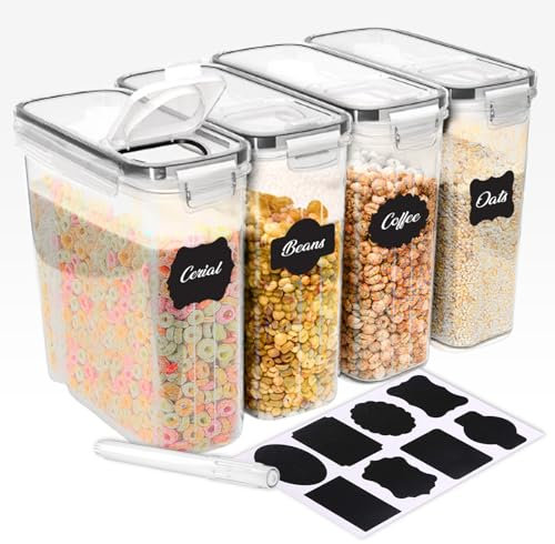 Airtight Cereal Storage Containers –pack of 4(4L) BPA-Free Cereal Dispenser with Lid | Large Flour Storage Containers | Pantry Organizers and Storage | Pasta Storage Container for Grains