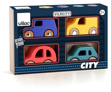 VILAC - Coffret de 4 Voitures City - Voiture et Garage en Bois - 4 Voitures en Bois modèle City - Jeux d'Eveil pour Enfant en Bois - Jouet pour Enfant Dès 3 Ans - 2370