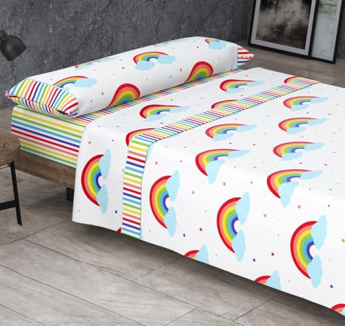 Kimbatex Textil Hogar Tienda Juego de Sábanas Infantiles Roomers Bed Linen. Surtido De Modelos y Tamaños. 50% algodón 50% poliéster. Calidad 30/30 144/Hilos. (Arcoiris, Cama 105cm)