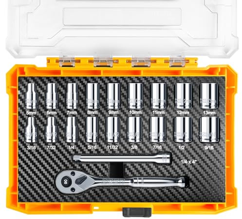 Mr.wintek 20-tlg steckschlüsselsatz 6.3mm (1/4) zoll, metrische (5–13mm) & SAE (3/16–9/16) Steckschlüssel-Satz, Cr-V Ratschenschlüssel Set inklusive Ratsche, Verlängerungsstange, Aufbewahrungsbox