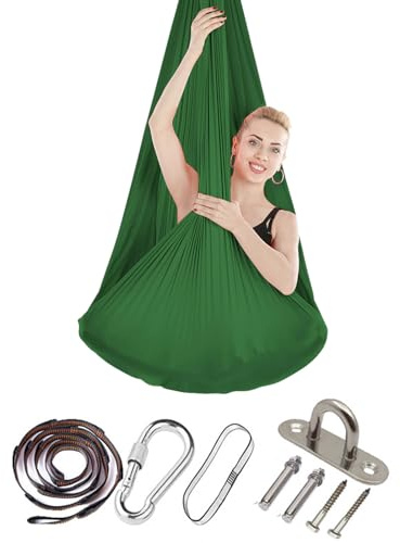 Hamac de yoga aérien, 150 x 280 cm, anti-gravité, capacité de charge de 200 kg, balançoire nid pour exercices en intérieur, hamac de yoga, balançoire de yoga avec ferrures (vert)