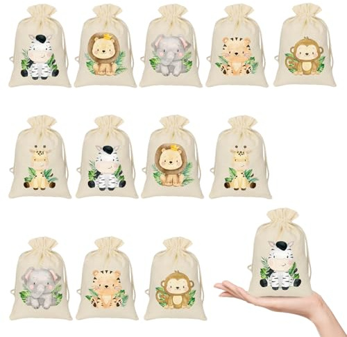 Sikweny 12 Pezzi Sacchetti Cotone, 10x15cm, Sacchetto Regalo, Sacchettini Bomboniere, Stampe Animali, per Palestra Borsa da Viaggio Zainetto Scarpe Scuola Stoffa Futura Mamma Candy Festa Di Matrimonio