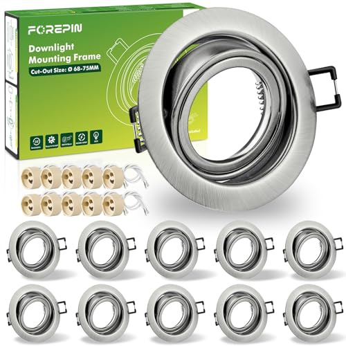 Forepin 10er Set Einbaustrahler LED Rahmen Ø68mm, GU10 Einbaurahmen Deckenspots Inkl. GU10 Fassung, 30° Schwenkbar Einbauspot LED Spots 230V für Einbaubeleuchtung