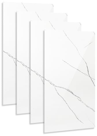 Hebitod Lot de 4 panneaux muraux aspect marbre, revêtement mural en PVC 120 x 60 cm, montage DIY, panneaux décoratifs 3D imperméables pour cuisine, salle de bain, blanc YB003