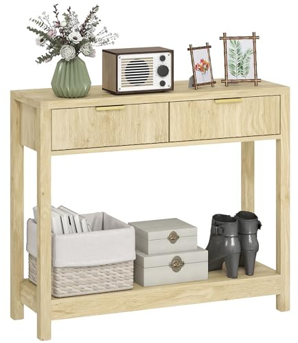 HOMCOM Modern Console Table with Fluted Panel Drawers, Narrow Hallway Table with Shelf for Entryway, Living Room, 90 x 30 x 76 cm, Natural Wood Finish