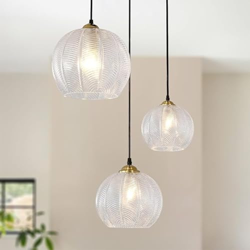 TMKOO 3-Flammige Glas Pendelleuchte Kronleuchter Mit Kugelschirm Handgeblasene Glaskugel Pendelleuchten Höhenverstellbare Esstisch Hängelampe Für Kücheninsel Treppenhaus Wohnzimmer(Clear)