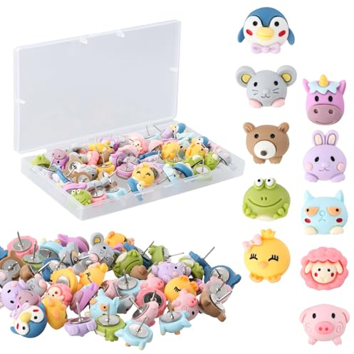 Culinavog 50pcs puntine da disegno a forma di animale carino, resina puntine da disegno, 10 forme di animali puntine per lavagna sughero per bacheca, segni, mappa, posizione, casa, scuola, ufficio