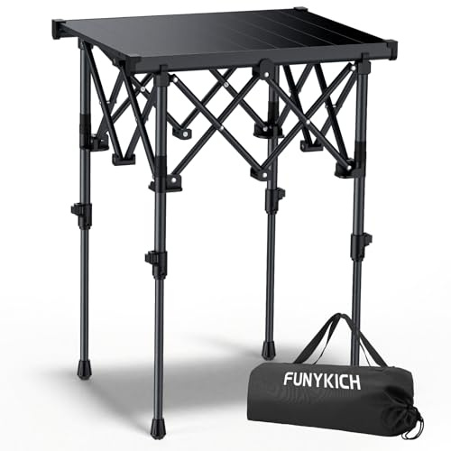 FUNYKICH Aluminium Klapptisch mit Tragetasche 50.5x41cm, X Form klappbarer Campingtisch mit 2 Höhenverstellbar(44/70cm),120kg Tragfähigkeit, Aufrollbare Tischplatte für BBQ Camping Party Strand Garten