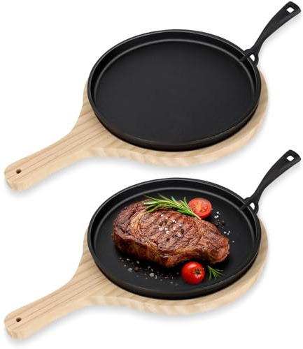 Malloom Juego de 2 platos de hierro fundido Fajita de 24 cm, sartén con bandeja de madera, mango de protección antiquemaduras, juego de sartenes de hierro fundido para restaurante, hogar, barbacoa
