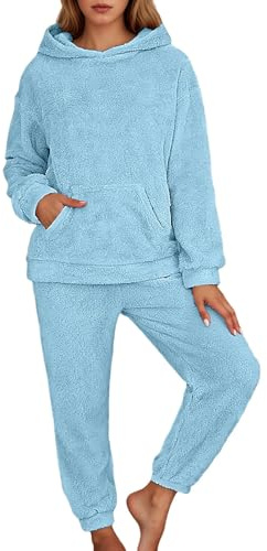 Generisch 2026 Chaqueta de invierno para mujer, pijama de manga larga suave para otoño, sudadera con capucha de forro polar informal, ropa de estar por casa, 2 piezas con bolsillo, azul claro, S