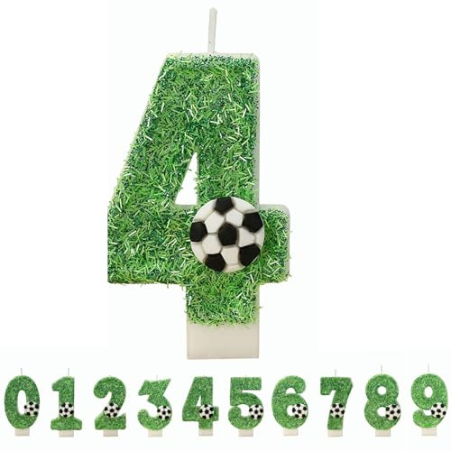 Gleemix 3D Ggeburtstagskerzen Fußball Zahlen 4, Grün Gras Zahlenkerze Glitzernde, Cake Topper 4. Geburtstag für Geburtstag Junge Mädchen, Sport-Themed Party, Firmenfeiern, Jubiläen
