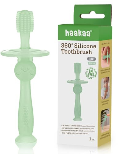 haakaa 360° Silicone Baby Toothbrush – 100% Soft Food Grade Silicone, BPA-Free, Suction Base, Safe for Babies 6 Months+, Gentle Gum and Teeth Cleaning for Infants, Gum Massager (Lime)